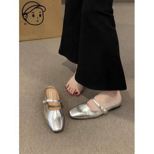 平底銀色包頭半拖鞋女夏外穿2025新款法式孕婦一腳蹬懶人穆勒單鞋