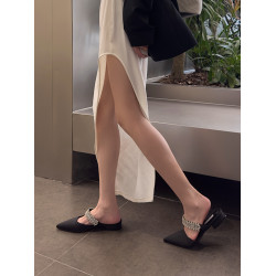 林再琳~夏日女主 黑色水鑽高跟鞋細跟尖包頭穆勒半拖外穿涼鞋粗跟