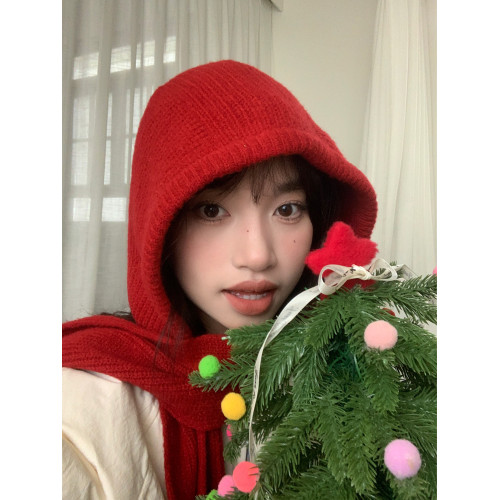 升級款~冬季高級感紅色羊毛帽子圍巾一體保暖韓系巴拉克拉法帽女 升級款~冬季高級感紅色羊毛帽子圍巾一體保暖韓系巴拉克拉法帽女