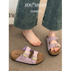 厚底拖鞋女夏外穿2025新款超火高級感沙灘一字拖紫色勃肯鞋涼拖鞋