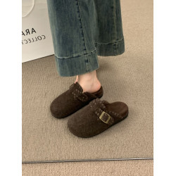 復古呢子包頭半拖鞋女外穿2025秋冬新款一腳蹬厚底灰色毛氈勃肯鞋