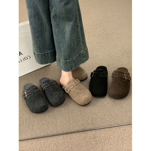 復古呢子包頭半拖鞋女外穿2025秋冬新款一腳蹬厚底灰色毛氈勃肯鞋 復古呢子包頭半拖鞋女外穿2025秋冬新款一腳蹬厚底灰色毛氈勃肯鞋