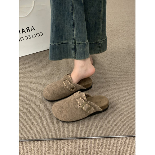 復古呢子包頭半拖鞋女外穿2025秋冬新款一腳蹬厚底灰色毛氈勃肯鞋 復古呢子包頭半拖鞋女外穿2025秋冬新款一腳蹬厚底灰色毛氈勃肯鞋