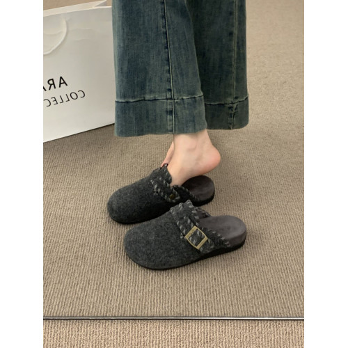 復古呢子包頭半拖鞋女外穿2025秋冬新款一腳蹬厚底灰色毛氈勃肯鞋 復古呢子包頭半拖鞋女外穿2025秋冬新款一腳蹬厚底灰色毛氈勃肯鞋