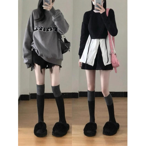 黑灰拼接過膝長筒襪子女秋冬護膝襪黑色大長腿襪顯瘦灰色jk小腿襪