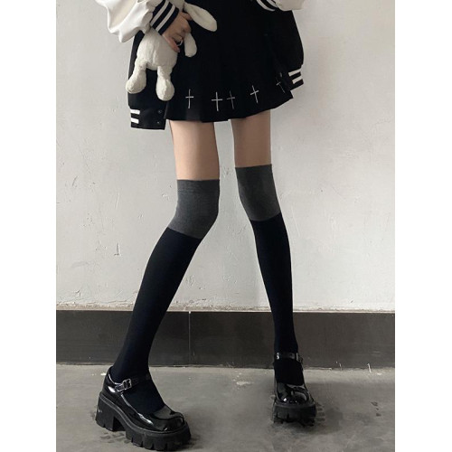 黑灰拼接過膝長筒襪子女秋冬護膝襪黑色大長腿襪顯瘦灰色jk小腿襪