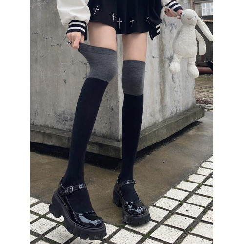 黑灰拼接過膝長筒襪子女秋冬護膝襪黑色大長腿襪顯瘦灰色jk小腿襪