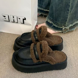 厚底勃肯鞋女外穿毛毛拖鞋2025新款秋冬加絨雪地靴包頭半拖鞋棉拖