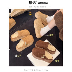 厚底增高加絨勃肯鞋包頭半拖鞋女外穿2025新款懶人秋冬毛毛棉拖鞋