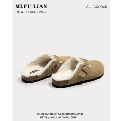 毛毛勃肯鞋女2025新款秋冬季一腳蹬加絨博肯棉鞋厚底包頭半拖女鞋