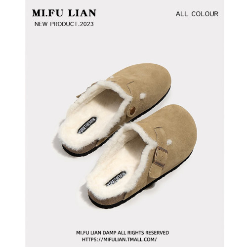 毛毛勃肯鞋女2025新款秋冬季一腳蹬加絨博肯棉鞋厚底包頭半拖女鞋