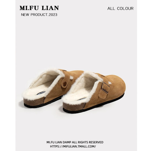 毛毛勃肯鞋女2025新款秋冬季一腳蹬加絨博肯棉鞋厚底包頭半拖女鞋