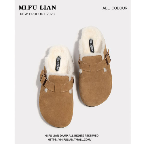 毛毛勃肯鞋女2025新款秋冬季一腳蹬加絨博肯棉鞋厚底包頭半拖女鞋