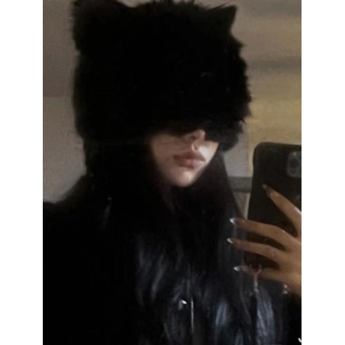 暗黑系貓女帽耳朵酷拽針織兔毛帽子女冬季黑色保暖龐克熊熊毛絨帽 暗黑系貓女帽耳朵酷拽針織兔毛帽子女冬季黑色保暖龐克熊熊毛絨帽