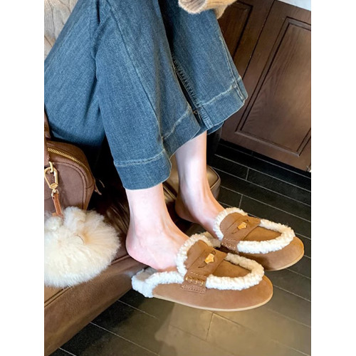 真皮~min家金幣包頭穆勒羊羔毛毛半拖女秋冬外穿休閒保暖拖鞋平底 真皮~min家金幣包頭穆勒羊羔毛毛半拖女秋冬外穿休閒保暖拖鞋平底