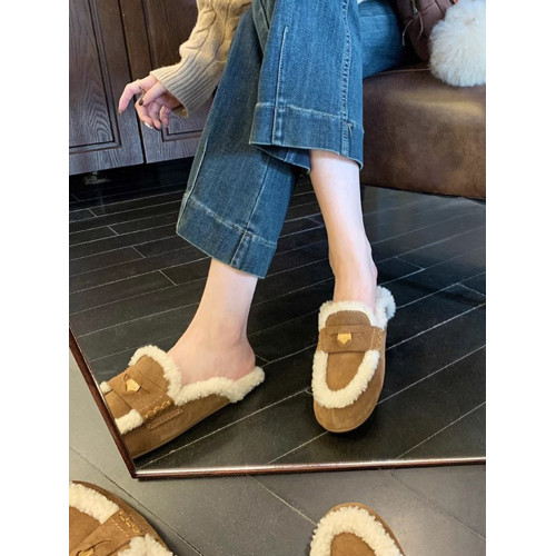 真皮~min家金幣包頭穆勒羊羔毛毛半拖女秋冬外穿休閒保暖拖鞋平底 真皮~min家金幣包頭穆勒羊羔毛毛半拖女秋冬外穿休閒保暖拖鞋平底