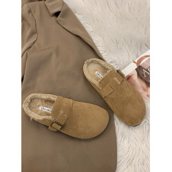 真皮勃肯鞋女加絨包頭半拖鞋外穿毛毛拖鞋2025新款秋冬季博肯棉拖