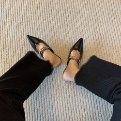 牛皮版~法式尖頭坡跟金屬釦一字帶包頭半拖鞋女外穿一腳蹬穆勒鞋