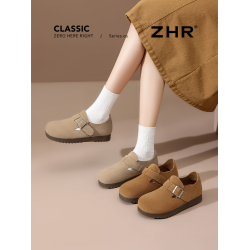 ZHR真皮勃肯鞋女款2025秋冬新款復古超火軟底博肯鞋單鞋全包厚底