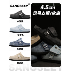 Sangseey5CM勃肯鞋透氣吸汗包頭厚底半拖鞋男水洗復古一腳蹬女鞋