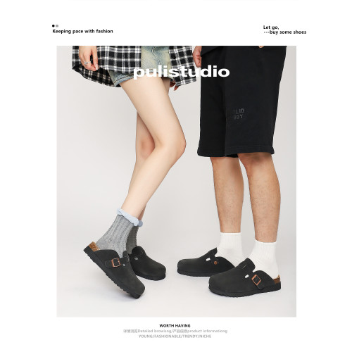 厚底真皮勃肯鞋女春秋增高小碼33拖鞋外穿半拖男女同款情侶鞋大碼