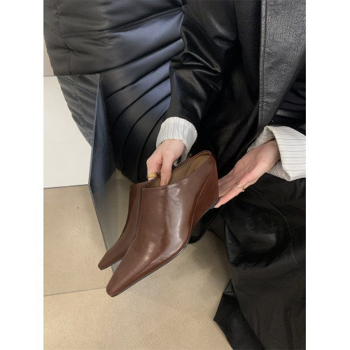 歐美包頭半拖鞋女軟皮小方頭坡跟高跟涼拖時尚外穿粗跟嬾人穆勒鞋