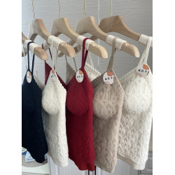 法式純欲蕾絲美背內搭秋冬保暖安可拉紅磨毛帶胸墊吊帶背心女打底