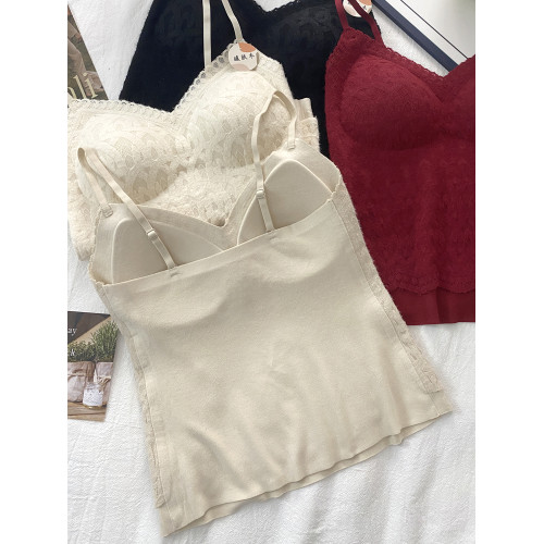 法式純欲蕾絲美背內搭秋冬保暖安可拉紅磨毛帶胸墊吊帶背心女打底 法式純欲蕾絲美背內搭秋冬保暖安可拉紅磨毛帶胸墊吊帶背心女打底