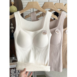 無痕磨毛保暖背心女內搭加厚貼片暖膚衣冬季加絨帶胸墊內衣打底