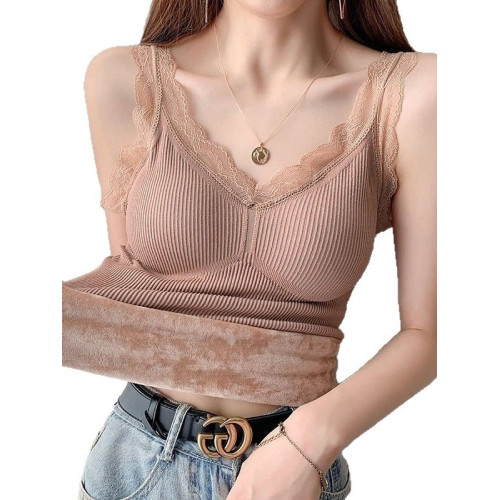 保暖加絨加厚高品質吊帶背心女蕾絲帶胸墊內搭修身上衣打底衫冬 保暖加絨加厚高品質吊帶背心女蕾絲帶胸墊內搭修身上衣打底衫冬