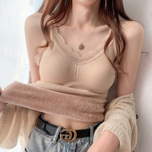 保暖加絨加厚高品質吊帶背心女蕾絲帶胸墊內搭修身上衣打底衫冬