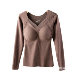 8805石墨烯保暖長袖女帶胸墊一體式內搭外穿自髮熱打底保暖上衣女