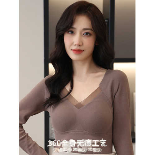 8805石墨烯保暖長袖女帶胸墊一體式內搭外穿自髮熱打底保暖上衣女