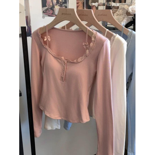 純欲蕾絲拼接紐釦長袖保暖T恤女帶胸墊甜辣修身顯瘦打底內搭上衣 純欲蕾絲拼接紐釦長袖保暖T恤女帶胸墊甜辣修身顯瘦打底內搭上衣