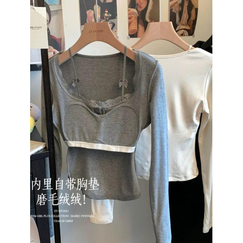 純欲蕾絲拼接紐釦長袖保暖T恤女帶胸墊甜辣修身顯瘦打底內搭上衣 純欲蕾絲拼接紐釦長袖保暖T恤女帶胸墊甜辣修身顯瘦打底內搭上衣