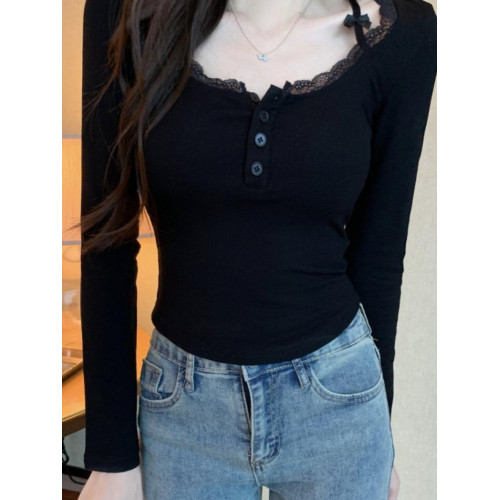 純欲蕾絲拼接紐釦長袖保暖T恤女帶胸墊甜辣修身顯瘦打底內搭上衣 純欲蕾絲拼接紐釦長袖保暖T恤女帶胸墊甜辣修身顯瘦打底內搭上衣