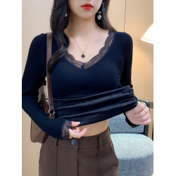 保暖上衣女冬季加絨加厚帶胸墊蕾絲拼接V領內搭長袖打底髮熱內衣
