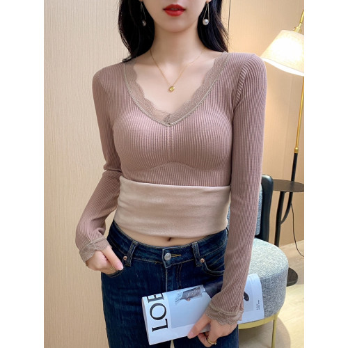 保暖上衣女冬季加絨加厚帶胸墊蕾絲拼接V領內搭長袖打底髮熱內衣