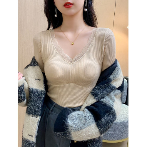 保暖上衣女冬季加絨加厚帶胸墊蕾絲拼接V領內搭長袖打底髮熱內衣