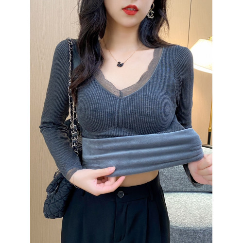 保暖上衣女冬季加絨加厚帶胸墊蕾絲拼接V領內搭長袖打底髮熱內衣