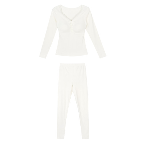 JoyceBra 桑蠶絲保暖內衣女帶胸墊V領蕾絲邊修身顯瘦秋衣秋褲套裝