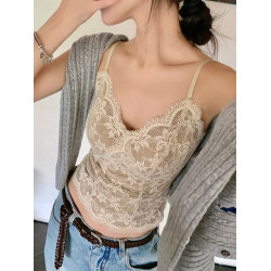 法式性感蕾絲美背吊帶磨毛保暖背心帶胸墊內搭打底上衣可外穿純欲