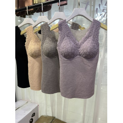 B4182山羊絨桑蠶絲保暖背心帶胸墊文胸女修身打底衫自髮熱蕾絲V領