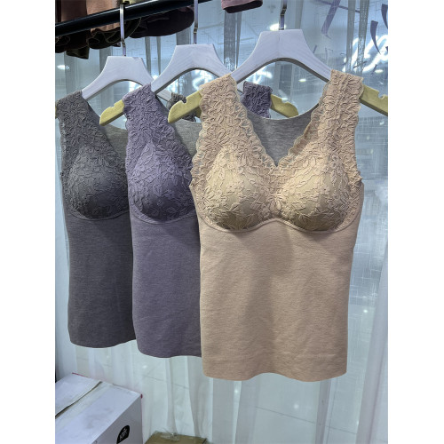 B4182山羊絨桑蠶絲保暖背心帶胸墊文胸女修身打底衫自髮熱蕾絲V領 B4182山羊絨桑蠶絲保暖背心帶胸墊文胸女修身打底衫自髮熱蕾絲V領