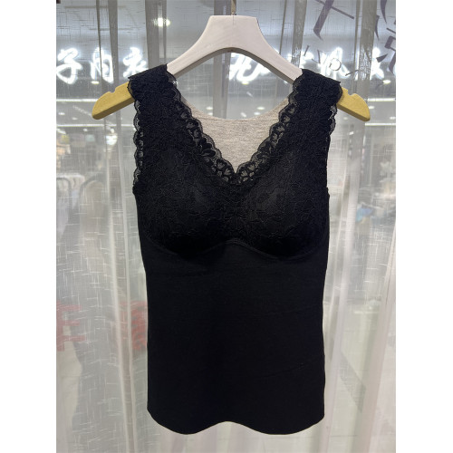 B4182山羊絨桑蠶絲保暖背心帶胸墊文胸女修身打底衫自髮熱蕾絲V領 B4182山羊絨桑蠶絲保暖背心帶胸墊文胸女修身打底衫自髮熱蕾絲V領