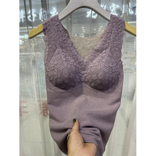 B4182山羊絨桑蠶絲保暖背心帶胸墊文胸女修身打底衫自髮熱蕾絲V領 B4182山羊絨桑蠶絲保暖背心帶胸墊文胸女修身打底衫自髮熱蕾絲V領