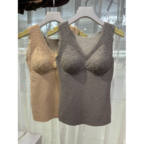 B4182山羊絨桑蠶絲保暖背心帶胸墊文胸女修身打底衫自髮熱蕾絲V領 B4182山羊絨桑蠶絲保暖背心帶胸墊文胸女修身打底衫自髮熱蕾絲V領