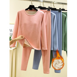 女秋冬德絨帶胸墊保暖睡衣套裝加絨加厚內搭打底衫秋衣秋褲兩件套