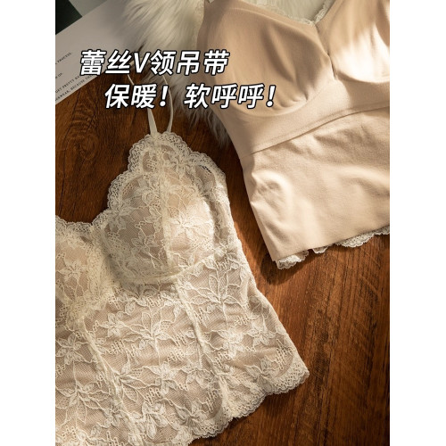 法式蕾絲磨毛保暖背心女2025新款帶胸墊內搭外穿一體吊帶打底上衣