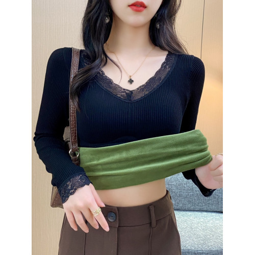 髮熱保暖上衣女秋冬季內搭帶胸墊加絨加厚蕾絲V領長袖內衣打底衫 髮熱保暖上衣女秋冬季內搭帶胸墊加絨加厚蕾絲V領長袖內衣打底衫